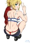  aqua_eyes ass bandeau blonde_hair braid breasts commentary_request denim denim_shorts eyebrows_visible_through_hair fang fate/apocrypha fate_(series) from_behind full_body hair_ornament hair_scrunchie highres jacket long_hair looking_at_viewer looking_back medium_breasts mordred_(fate) mordred_(fate)_(all) panties parted_lips red_panties red_scrunchie scrunchie shiny shiny_hair shiny_skin shoes short_shorts shorts simple_background solo_focus squatting suna teeth thong underwear white_background 