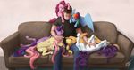  2018 applejack_(mlp) blue_eyes blue_feathers blue_fur bluespaceling clothed clothing cutie_mark digital_media_(artwork) equine feathered_wings feathers female feral fluttershy_(mlp) friendship_is_magic fur group hair hooves horn human male mammal multicolored_hair my_little_pony pegasus pink_hair pinkie_pie_(mlp) purple_fur purple_hair rainbow_dash_(mlp) rainbow_hair rarity_(mlp) sitting smile sofa twilight_sparkle_(mlp) unicorn winged_unicorn wings yellow_feathers 