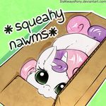  2018 :3 box cardboard_box cub cute english_text equine eyelashes female feral friendship_is_magic green_background green_eyes hair hi_res horn in_box itsalwayspony looking_at_viewer looking_up lying mammal meme multicolored_hair my_little_pony nom nude portrait shadow simple_background solo sweetie_belle_(mlp) text two_tone_hair unicorn watermark young 