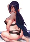  absurdres arm_behind_head ass bare_back bare_shoulders barefoot bed black_bra black_panties blue_hair bra breasts butt_crack fate/grand_order fate_(series) highres hips huge_breasts knatb light_smile long_hair looking_at_viewer looking_back minamoto_no_raikou_(fate/grand_order) mole_on_ass mouth_hold panties purple_hair raised_eyebrows seiza sideboob simple_background sitting sketch solo thighs thong underwear very_long_hair white_background 