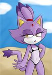  2018 anthro beach bikini blaze_the_cat blush cat clothed clothing digital_media_(artwork) feline female flat_chested fur hair hearlesssoul hi_res looking_at_viewer mammal open_mouth outside purple_fur seaside skimpy solo sonic_(series) standing swimsuit tongue video_games yellow_eyes 
