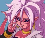  2018 alien android_21 black_nails black_sclera blue_background blue_eyes bracelet breasts cleavage clothed clothing colored_nails dragon_ball ear_piercing eyewear glasses hair humanoid jewelry looking_at_viewer majin majin_android_21 open_mouth open_smile piercing pink_skin plagueofgripes pointy_ears simple_background smile solo white_hair 