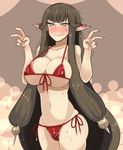  angry between_breasts bikini blush breasts brown_hair closed_mouth collarbone commentary_request double_v embarrassed fate/apocrypha fate/grand_order fate_(series) forced_smile full-face_blush highres large_breasts long_hair navel pointy_ears semiramis_(fate) stomach sweat swimsuit v yellow_eyes yoroi_kabuto 
