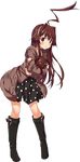 ahoge alternate_costume belt_boots black_footwear boots brown_eyes brown_hair full_body hair_intakes kantai_collection knee_boots kuma_(kantai_collection) long_hair official_art pout pouty_lips stuffed_animal stuffed_toy teddy_bear torn_clothes transparent_background ugume x_x 