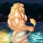  digimon greeneyedwolfking hot_spring leomon looking_at_viewer male mane muscular nipples solo water 