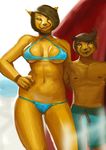  2017 age_difference anthro beach bikini blue_eyes breasts brown_hair cheetah clothed clothing duo erzan feline female fur hair hawkilla larger_female male mammal mature_female morrigan_(hawkilla) mother mother_and_son navel older_female outside parent seaside short_hair size_difference smaller_male son standing swimsuit under_boob yellow_fur younger_male 