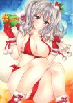  1girl bangs bikini blue_eyes blush breasts closed_mouth eyebrows_visible_through_hair gift gloves hair_ornament halter_top halterneck highres holding holding_gift holding_sack kantai_collection kashima_(kantai_collection) large_breasts long_hair looking_at_viewer red_bikini red_gloves red_legwear sack santa_costume side-tie_bikini sidelocks silver_hair smile socks solo squatting swimsuit twintails wavy_hair yoruoujito-tsukinohime 