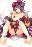  bare_shoulders barefoot black_panties blue_eyes breasts collarbone commentary_request eyebrows_visible_through_hair fate/grand_order fate_(series) feet fellatio_gesture hair_ornament japanese_clothes katsushika_hokusai_(fate/grand_order) kimono medium_breasts nakatokung off_shoulder open_mouth panties purple_hair short_hair sitting soles solo spread_legs underwear 