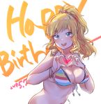  :d aningay bikini_top blonde_hair blue_eyes blush breasts cleavage dated front-tie_bikini front-tie_top hair_ornament hair_scrunchie happy_birthday heart heart_hands highres idolmaster idolmaster_cinderella_girls large_breasts long_hair multicolored_scrunchie ootsuki_yui open_mouth ponytail scrunchie smile solo striped_bikini_top 