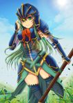  arm_guards armor blue_armor breastplate day fire_emblem fire_emblem:_akatsuki_no_megami fire_emblem:_souen_no_kiseki grass green_eyes green_hair helm helmet highres holding holding_spear holding_weapon long_hair looking_at_viewer nephenee outdoors pauldrons polearm sky smile solo spear sun suou_kamaru thighhighs weapon 