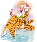  2017 anthro beverage big_breasts bikini breasts buxbi buxbi_(character) cleavage clothed clothing feline fur hair hat long_hair looking_at_viewer mammal orange_fur signature sitting solo straw striped_fur stripes swimming_pool swimsuit thick_thighs tiger url voluptuous water watermark wet white_hair yellow_eyes 