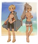 beach blonde_hair book cloak crossed_arms fire_emblem fire_emblem_if highres holding holding_book leon_(fire_emblem_if) looking_at_viewer male_swimwear momosa_(472166143) multiple_boys ponytail shorts swim_trunks swimwear takumi_(fire_emblem_if) tomato white_hair 