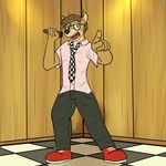  casey_ramser cervine deer eyewear fuze glasses inside karaoke male mammal microphone necktie pointing texnatsu 