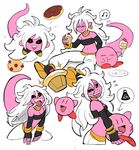  alien android_21 cake clothing crossover doughnut dragon_ball dragon_ball_fighterz duo eyes_closed fangs female food hair hi_res humanoid kirby kirby_(series) long_hair majin majin_android_21 male nintendo noodlemage open_mouth pointy_ears red_eyes video_games white_hair 