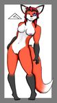  anthro black_fur black_hair breasts canine carrus female fox fur green_eyes hair highlights long_hair looking_at_viewer mammal nipples pinup pose pussy red_fur soft_shading standing tattoo white_fur 