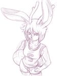  2018 anthro antlers ball clothed clothing female hand_on_hip horn jackalope lagomorph looking_at_viewer mammal marron_(plagueofgripes) monochrome plagueofgripes purple_and_white shorts simple_background sketch solo standing white_background 