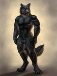  anatomically_correct anatomically_correct_penis animal_genitalia animal_penis anthro balls black_claws black_fur black_nose bulge canine canine_penis claw_marks claws dewclaw digitigrade fully_sheathed fur half-erect humanoid_hands knot knot_in_sheath looking_at_viewer male mammal muscular nude owlette penis penis_outline penis_shaped_bulge pinup pose sheath simple_background solo standing wolf yellow_eyes 