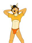  anthro bulge canine clothed clothing coyote crop_top dancing fuze hat male mammal mond_reyes shirt simple_background texnatsu thong underwear white_background 