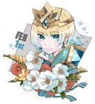  blonde_hair blue_eyes blue_hair crown earrings feather_trim fire_emblem fire_emblem_heroes fjorm_(fire_emblem_heroes) flower gradient_hair highres jewelry looking_at_viewer multicolored_hair short_hair simple_background smile solo touji_22 