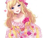  :d asagimu_(tsuktsuk) bare_shoulders blonde_hair blue_eyes blush bouquet breasts cleavage commentary_request dress dutch_angle earrings flower frilled_dress frills hair_ribbon heart idolmaster idolmaster_cinderella_girls jewelry large_breasts long_hair looking_at_viewer ootsuki_yui open_mouth pink_dress ribbon rose smile solo 