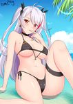  antenna_hair azur_lane bangs bikini black_bikini black_choker black_ribbon breasts choker closed_mouth commentary covered_nipples earrings finger_in_mouth finger_to_mouth flag_print german_flag_bikini hair_ribbon iron_cross jewelry large_breasts long_hair looking_at_viewer mole mole_on_breast multicolored_hair navel outdoors ppshex prinz_eugen_(azur_lane) red_eyes revision ribbon side-tie_bikini silver_hair sitting solo streaked_hair swept_bangs swimsuit two_side_up underboob very_long_hair 