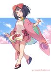  :d artist_name bangs black_hair blue_sky blunt_bangs bow cherry_blossoms cloud eyebrows_visible_through_hair full_body hair_bow highres japanese_clothes kimono kotatsu_(g-rough) long_sleeves looking_at_viewer no_socks open_mouth original personification pink_eyes pink_kimono red_bow sandals short_hair sky smile solo standing standing_on_one_leg tree wide_sleeves 