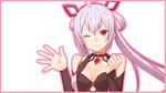  ;) ahoge bangs bare_shoulders blush border breasts closed_mouth collarbone detached_sleeves eyelashes gem hands_up highres hou_(hachiyou) jewelry long_hair long_sleeves looking_at_viewer matoi_(pso2) medium_breasts one_eye_closed outline pendant phantasy_star phantasy_star_online_2 pink_border pink_eyes pink_hair pink_outline shiny shiny_skin simple_background smile solo twintails upper_body very_long_hair waving white_background 