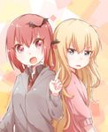  :o ahoge back-to-back bafarin bat_hair_ornament black_hoodie blonde_hair blue_eyes commentary_request fang frown gabriel_dropout hair_ornament hair_ribbon hair_rings highres index_finger_raised jitome kurumizawa_satanichia_mcdowell long_hair looking_at_another multiple_girls necktie open_mouth orange_background pink_hoodie red_eyes red_hair ribbon tenma_gabriel_white twitter_username upper_body v-shaped_eyebrows wavy_hair 