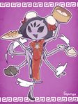  1girl black_hair china_dress chinese_clothes extra_arms extra_eyes fangs food high_heels legs monster_girl muffet purple_skin undertale 