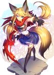  &gt;:) animal_ears armpits bangs belt black_belt black_gloves black_legwear blonde_hair blue_eyes blue_skirt breastplate center_frills closed_mouth commentary_request copyright_request eyebrows_visible_through_hair facial_mark fingerless_gloves fingernails fox_ears fox_girl fox_tail frills full_body gloves hair_between_eyes hand_on_hilt highres long_hair low_twintails outstretched_arm red_scarf scarf shennai_misha shirt skirt sleeveless sleeveless_shirt smile solo standing sword tail thighhighs twintails v-shaped_eyebrows very_long_hair weapon white_shirt 