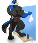  anthro bulge canine clothing hair jockstrap male mammal mosin muscular muscular_male smile solo standing towel underwear water_bottle 