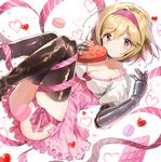  blonde_hair blush boots box breasts brown_eyes convenient_censoring djeeta_(granblue_fantasy) dress food gauntlets gift gift_box granblue_fantasy hairband hayama_eishi heart heart-shaped_box holding holding_gift looking_at_viewer macaron medium_breasts pink_dress pink_hairband ribbon short_hair simple_background smile solo striped striped_ribbon thigh_boots thigh_ribbon thighhighs valentine white_background 