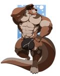  anthro big_bulge bulge clothing hair looking_at_viewer male mammal mosin muscular muscular_male mustelid nipples otter pecs pubes smile solo standing underwear 