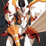  closed_mouth commentary darling_in_the_franxx frown grey_background highres holding holding_weapon horn humanoid_robot lance legs_apart looking_at_viewer mecha no_humans orange_eyes park_bandi polearm robot simple_background solo strelizia weapon 
