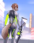  2018 5_fingers absurd_res anthro big_butt bodysuit brown_fur building butt catsuit_(disambiguation) city clothed clothing collar digital_drawing_(artwork) digital_media_(artwork) female fur glowing green_eyes gun hair hi_res holding_object holding_weapon krazykurt looking_back mammal mustelid on_roof outside plugsuit ranged_weapon rifle roof rubber rubber_suit science_fiction scope shiny skinsuit sky smile solo standing suit tight_clothing weapon wide_hips wolverine 