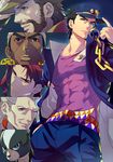  abs belt black_hair blue_coat blue_eyes blue_hat blue_pants brown_eyes closed_mouth coat dark_skin dark_skinned_male dog earrings facial_hair fingernails green_eyes hand_in_pocket hand_up hat highres iggy_(jojo) index_finger_raised jean_pierre_polnareff jewelry jojo_no_kimyou_na_bouken joseph_joestar kakyouin_noriaki kotatsu_(g-rough) kuujou_joutarou looking_at_viewer male_focus mohammed_avdol multiple_belts multiple_boys mustache open_clothes open_coat pants peaked_cap purple_shirt red_eyes red_hair shirt silver_hair smile standing stardust_crusaders 