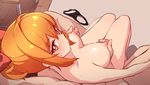  1girl bad_id bad_pixiv_id bangs black_panties blush bow breast_grab breasts brown_eyes classroom closed_mouth commentary desk eyebrows_visible_through_hair from_above grabbing hair_bow hetero highres indoors legs_together looking_at_viewer medium_breasts narynn narynn_(character) nipple_tweak nipples nude orange_hair original panties panties_removed ponytail pov red_bow school_desk shiny shiny_skin short_hair sidelocks sitting sitting_on_lap sitting_on_person solo_focus sweat underwear wooden_floor 