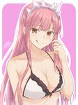  :q bangs bare_arms bare_shoulders bow bow_bra bra breasts brown_hair cleavage closed_mouth collarbone commentary eyebrows_visible_through_hair fate/grand_order fate_(series) highres large_breasts long_hair looking_at_viewer medb_(fate)_(all) medb_(fate/grand_order) outline pink_background pink_hair ramchi signature smile solo tiara tongue tongue_out two-tone_background underwear underwear_only very_long_hair white_background white_bra white_outline 