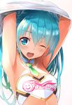  aqua_eyes aqua_hair armpits arms_up bangs clothes_writing commentary_request daidou_(demitasse) goodsmile_racing hatsune_miku long_hair looking_at_viewer one_eye_closed open_mouth race_queen solo upper_body vocaloid 