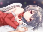  1girl bangs bare_shoulders bed_sheet blush breasts closed_mouth collar commentary_request dress elbow_gloves feathered_wings fur_trim gloves grey_background half_updo hand_holding highres kishin_sagume kuro_(baseball0000) looking_at_viewer lying medium_breasts medium_hair on_side pov red_collar red_dress red_eyes red_gloves santa_costume shiny shiny_hair shirt silver_hair single_wing smile solo_focus touhou white_shirt wings 