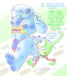 animasanimus armpit_hair bulge claws clothing disney duo english_text horn male mike_wazowski monster monsters_inc monsters_university muscular nipples one_eyed open_mouth pecs penis pixar size_difference sulley text underwear 