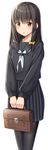  :o ashihara_nayumi bag bangs black_hair black_legwear black_serafuku black_shirt black_skirt blush bow briefcase brown_eyes collarbone commentary_request eyebrows_visible_through_hair fine_fabric_emphasis gurande_(g-size) hair_between_eyes hair_bow highres holding holding_bag long_hair long_sleeves looking_at_viewer neckerchief original pantyhose parted_lips pleated_skirt school_bag school_uniform serafuku shirt simple_background skirt solo white_background white_neckwear yellow_bow 