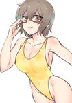  breasts brown_eyes brown_hair cleavage cowboy_shot glasses hai_(h81908190) highleg highleg_leotard highleg_swimsuit large_breasts leotard looking_at_viewer medium_breasts one-piece_swimsuit original short_hair simple_background solo swimsuit white_background yellow_leotard yellow_swimsuit 