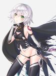  arm_wrap armlet ass_visible_through_thighs bare_shoulders black_gloves black_legwear black_panties cape chestnut_mouth cowboy_shot cropped_vest elbow_gloves fate/apocrypha fate_(series) fingerless_gloves gloves green_eyes halterneck head_tilt highres holding holding_weapon jack_the_ripper_(fate/apocrypha) leaning_forward looking_at_viewer lowleg panties short_hair shoulder_tattoo single_glove sleeveless solo standing sword tattoo thighhighs thighs tokikouhime underwear weapon white_hair 