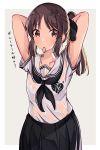  1girl absurdres arms_up bangs black_bow black_neckwear black_skirt blush bow brown_background brown_hair closed_mouth collarbone commentary_request eyebrows_visible_through_hair hair_bow hair_tie hair_tie_in_mouth hand_behind_head highres idolmaster idolmaster_cinderella_girls looking_at_viewer mouth_hold neckerchief norazura parted_bangs pleated_skirt red_eyes sailor_collar shirt short_sleeves sidelocks skirt solo tachibana_arisu translation_request two-tone_background tying_hair white_background white_sailor_collar white_shirt 