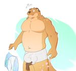  ambiguous_gender anthro big_bulge bulge bulge_fondling clothed clothing disembodied_hand duo male male/ambiguous mammal mosin mustelid otter slightly_chubby solo_focus surprise towel unseen_character 