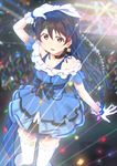  arm_up bangs blue_dress blue_hair blush bow choker commentary_request cowboy_shot dancing dress earrings eyebrows_visible_through_hair gloves hair_between_eyes hair_bow hair_ornament jewelry kira-kira_sensation! long_hair love_live! love_live!_school_idol_project off-shoulder_shirt off_shoulder open_mouth ribbon shirt skull573 smile solo sonoda_umi thighhighs white_gloves white_legwear 