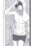  abs artist_name black_hair boxer_briefs greyscale ksn_(sleeping_chick) looking_at_viewer male_focus male_underwear monochrome muscle naruto naruto_(series) navel nipples sai_(naruto) signature solo toned toned_male towel towel_on_head underwear 