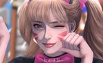  artist_name black_dress blonde_hair bow bowtie d.va_(overwatch) deardd dress earrings facial_mark hairband jewelry looking_at_viewer one_eye_closed overwatch paw_pose portrait red_eyes solo twintails 