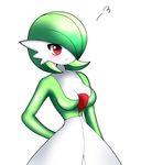  1girl arm_behind_back artist_request blush breasts cleavage eyebrows_visible_through_hair female gardevoir green_hair hair_over_one_eye highres large_breasts no_humans pokemon pokemon_(creature) pokemon_rse pouting red_eyes short_hair simple_background solo standing white_background 